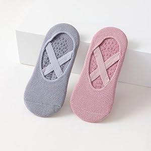 2Pairs Women Non Slip Pilates Socks Breathable Cotton with Crossover Straps for Yoga Ballet Home Workouts
