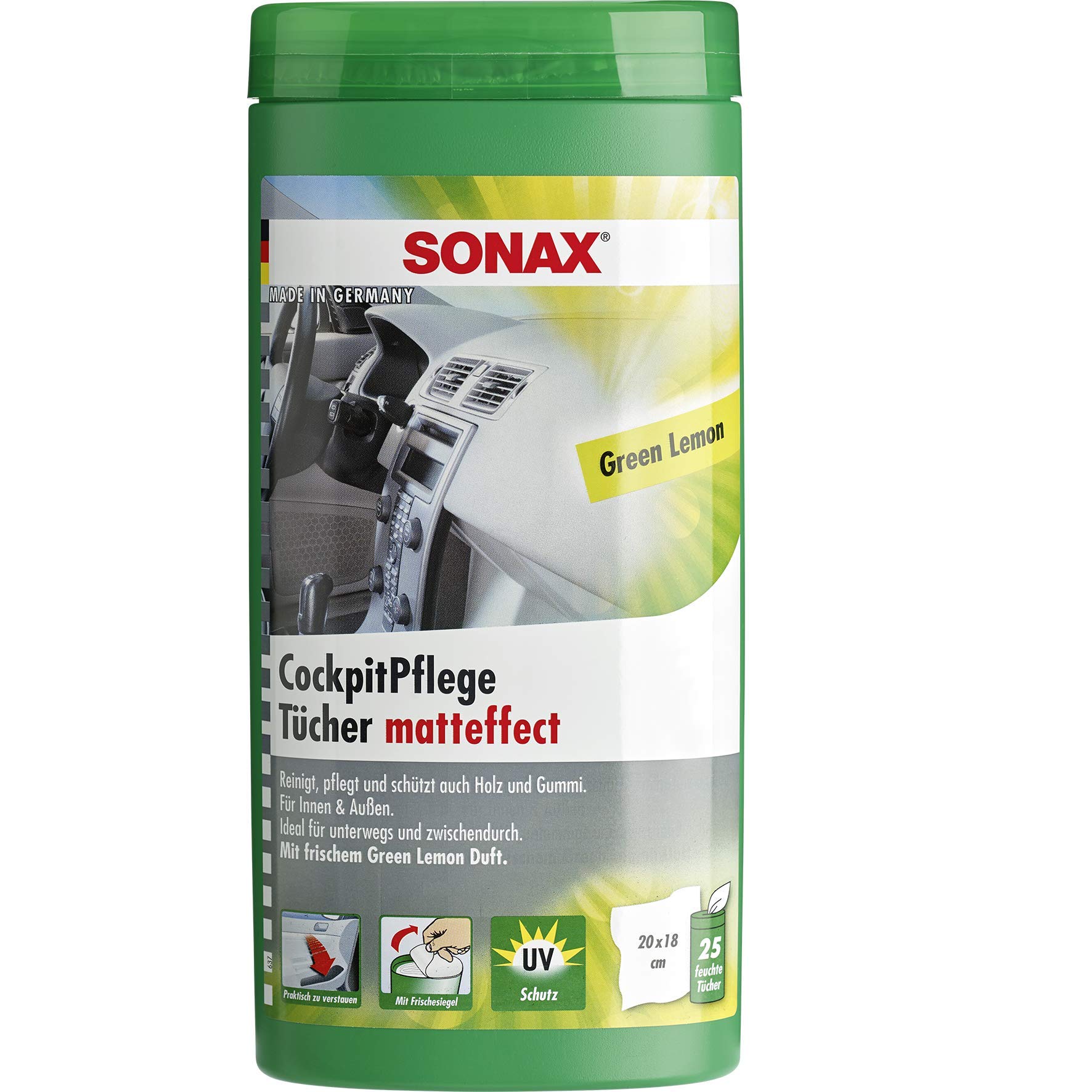 SONAX Cockpit Cleaning Cloths Matte Effect Green Lemon Box (25 Pieces) Clean, Maintain and Protect All Plastic Parts, Wood and Rubber with Geen Lemon Fragrance, Item No. 04128000