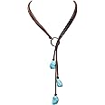 PERNNLA PEARL Bohemian Synthetic Turquoise Necklace Handmade Vintage Y-shaped Jewelry with Genuine Flat Brown Leather