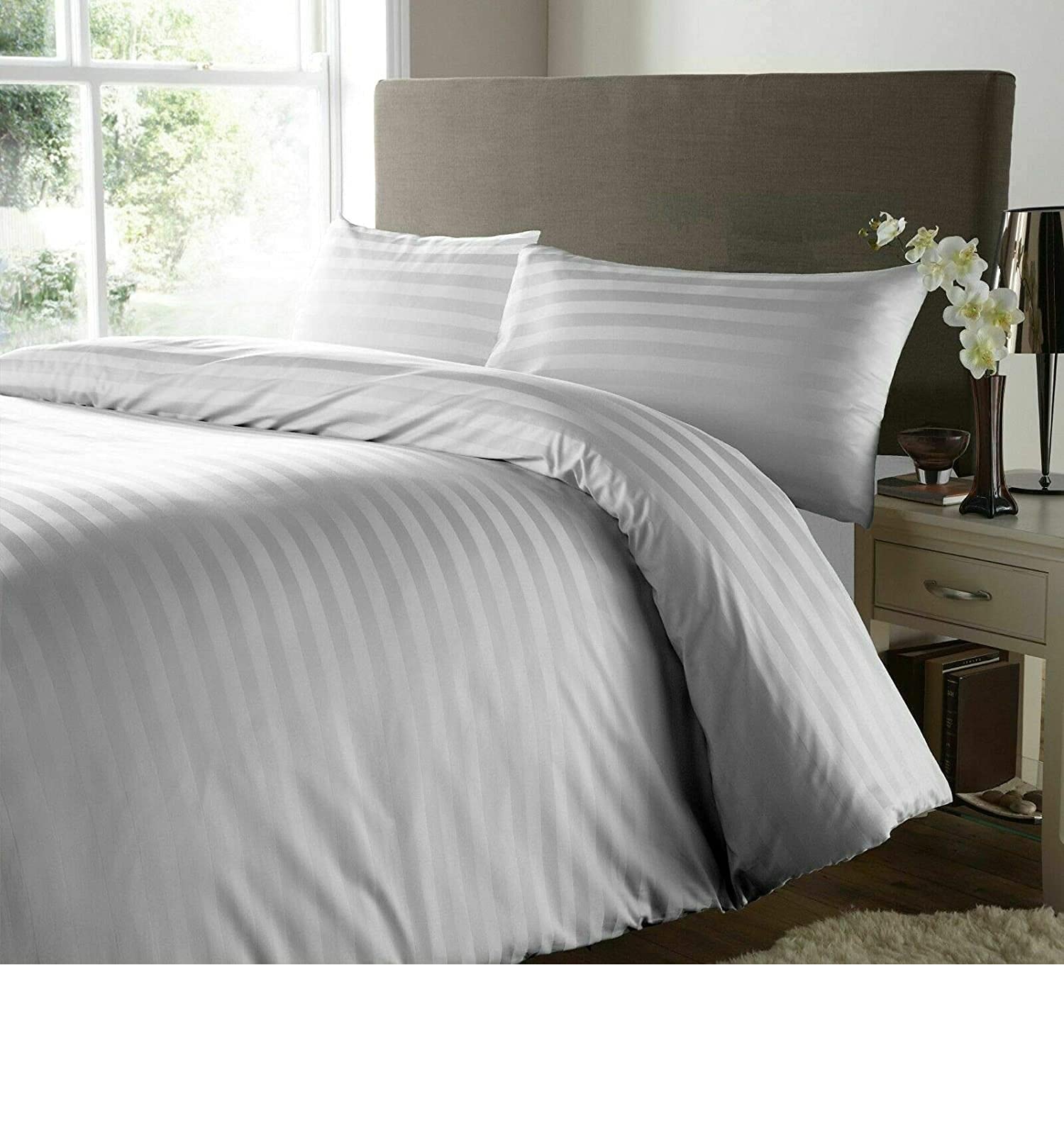 RAYYAN LINEN Satin Stripes Duvet Cover Set Satin 100% Egyptian Cotton 400 Thread Count Luxury Hotel Quality with Pillowcases (Grey Silver, Super King)