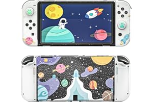 NANANINO Switch OLED Case and Screen Protector, Switch OLED Clear Glitter Case with Cute Thumb Grips - Space Theme