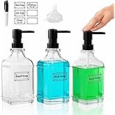 BPFY 3 Pack Glass Soap Dispenser with Pump, 17oz/500ml Square Refillable Hand and Dish Soap Dispenser for Bathroom Decor & Kitchen Sink, Clear Pump Bottles for Liquid, Lotion (Includes 6 Labels)