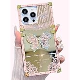 TRODINO Cute Compatible with iPhone 15 Pro Max Case, Luxury Bling Butterfly Design with Foldable Stand Kickstand for Women & Girls, Glossy Mirror Shockproof Protective Case 6.7” (Pink)