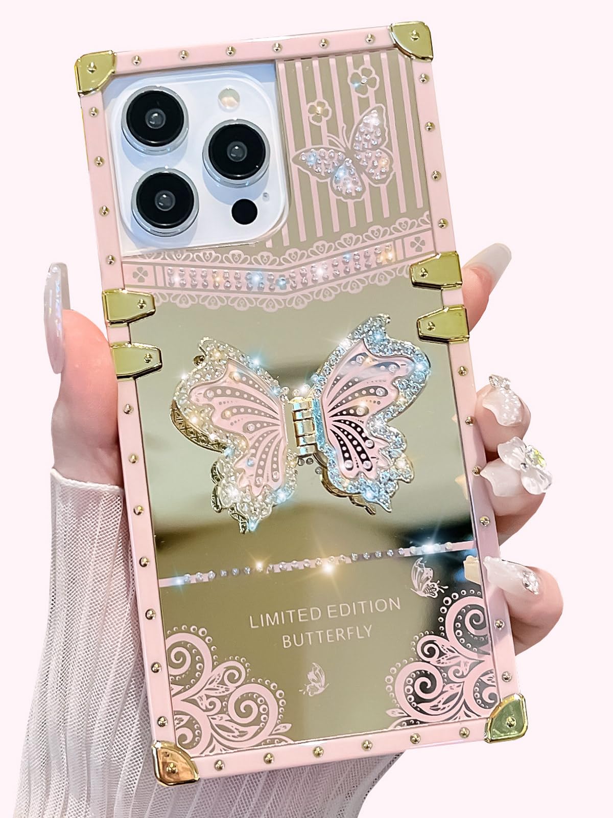 TRODINO Cute Compatible with iPhone 15 Case, Luxury Bling Butterfly Design with Foldable Stand Kickstand for Women & Girls, Glossy Mirror Shockproof Protective Case 6.1” (Pink)