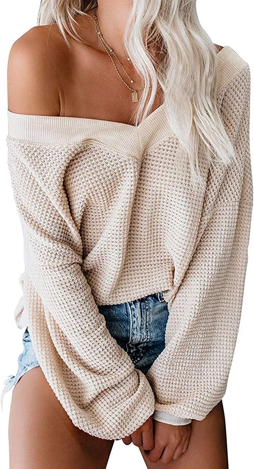 ReachMe Women's Oversized Off Shoulder Pullover Tops Long Sleeve Loose Fit Waffle Knit Tops at  Women’s Clothing store