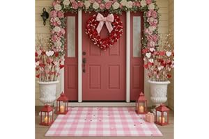 Tinideya 4' x 6' Outdoor Rug Plastic Straw Front Doormat Mat Patio Deck Mat Waterproof Outdoor Rug Outside Indoor Garden Lawn Balcony Porch Holiday Decor(Plaid Buffalo,Pink and White)