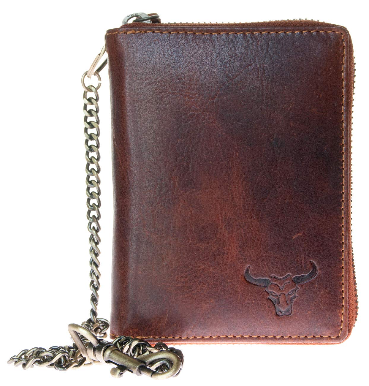 FLW Glazed genuine leather biker's leather wallet with metal chain