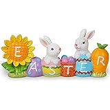 Aoutrow Easter Bunny Eggs Resin Centerpiece with The Word Easter, Rabbits Eggs Tabletop Resin Figurine for Easter Home and Of