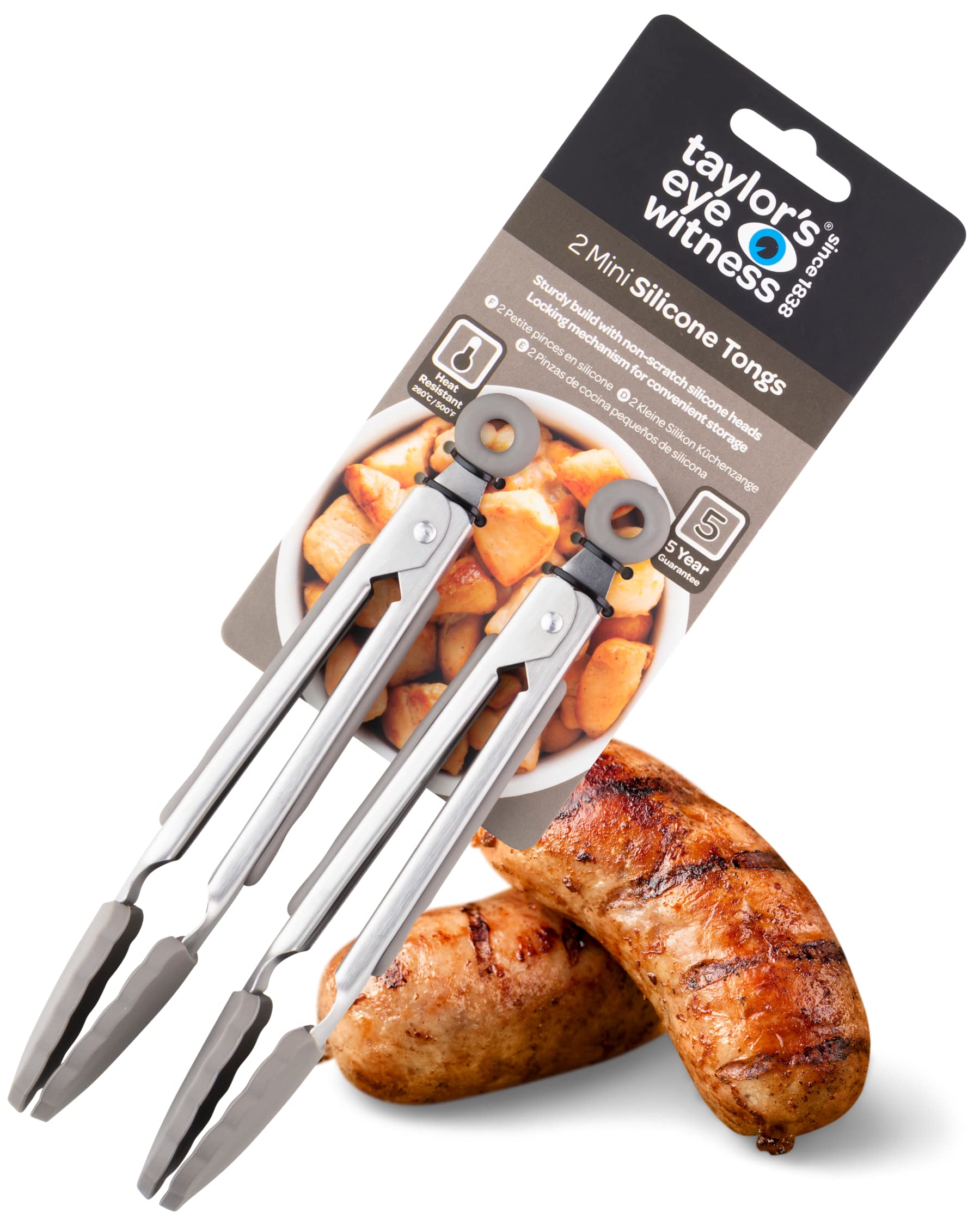 Taylors Eye Witness 2 Small Steel Grey Silicone Tongs - Dishwasher Safe. Sturdy Build, Non-Scratch Heads, Convenient Locking Mechanism. Odour, Stain & Heat Resistant (260°C/500°F). 5 Year Guarantee