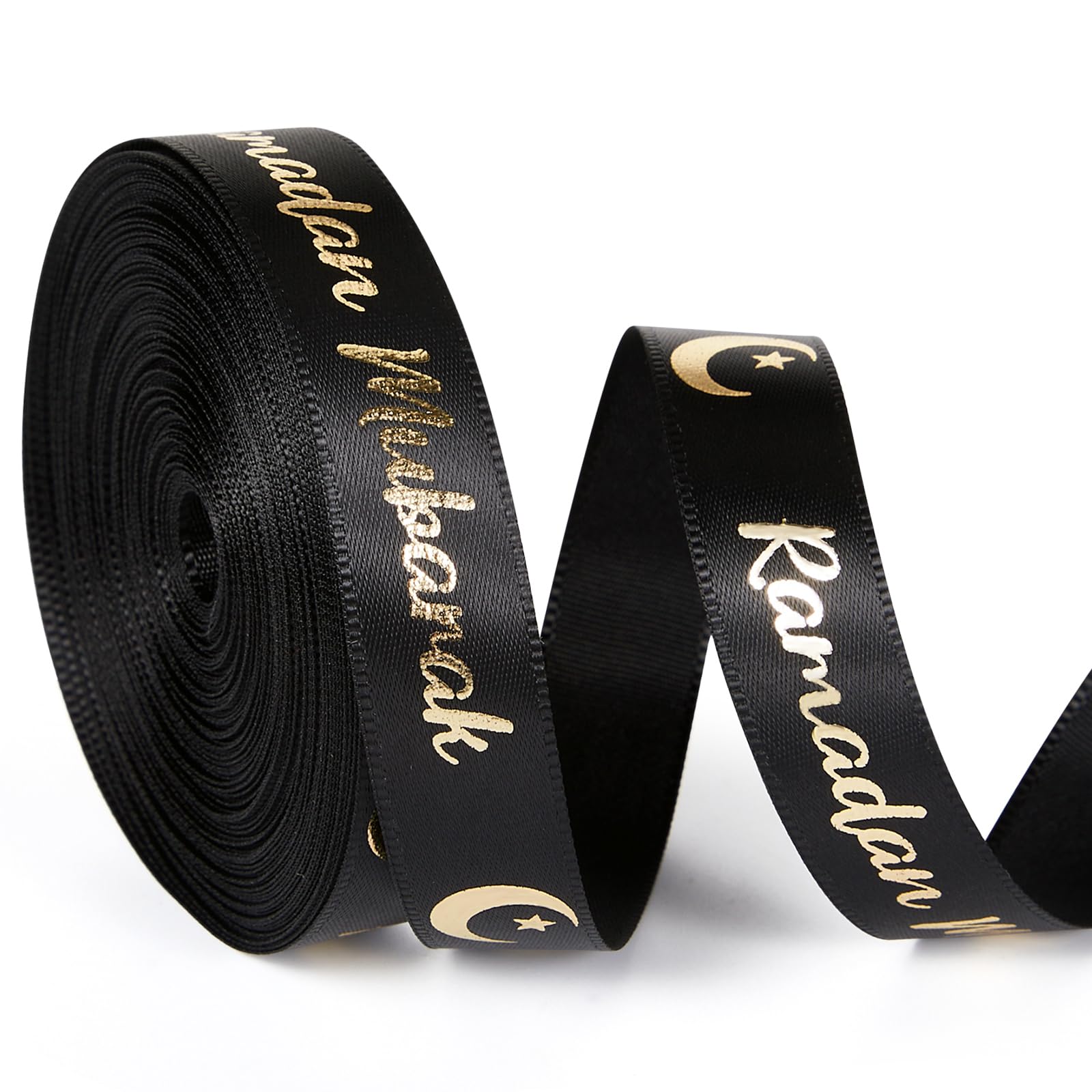 Cindeer 20 Yards Ramadan Mubarak Ribbon Decorations Satin Eid Gift Wrapping Ribbon Kareem DIY Gift for Packing Muslim Party Favors (Ramadan Mubarak,Black)