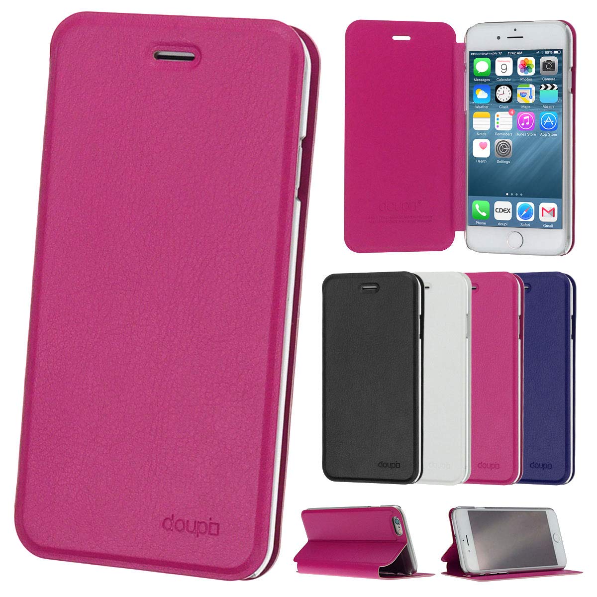 doupi Flip Cover for iPhone 6 / 6S (4.7 inch), Magnet Protective Flip Case Book Style Screen Protector Stand, red pink