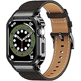 SUPLINK Stainless Steel Case and Bands Compatible with Apple Watch Band 38mm 40mm 41mm 42mm 44mm 45mm 49mm,Leather Strap Rugg