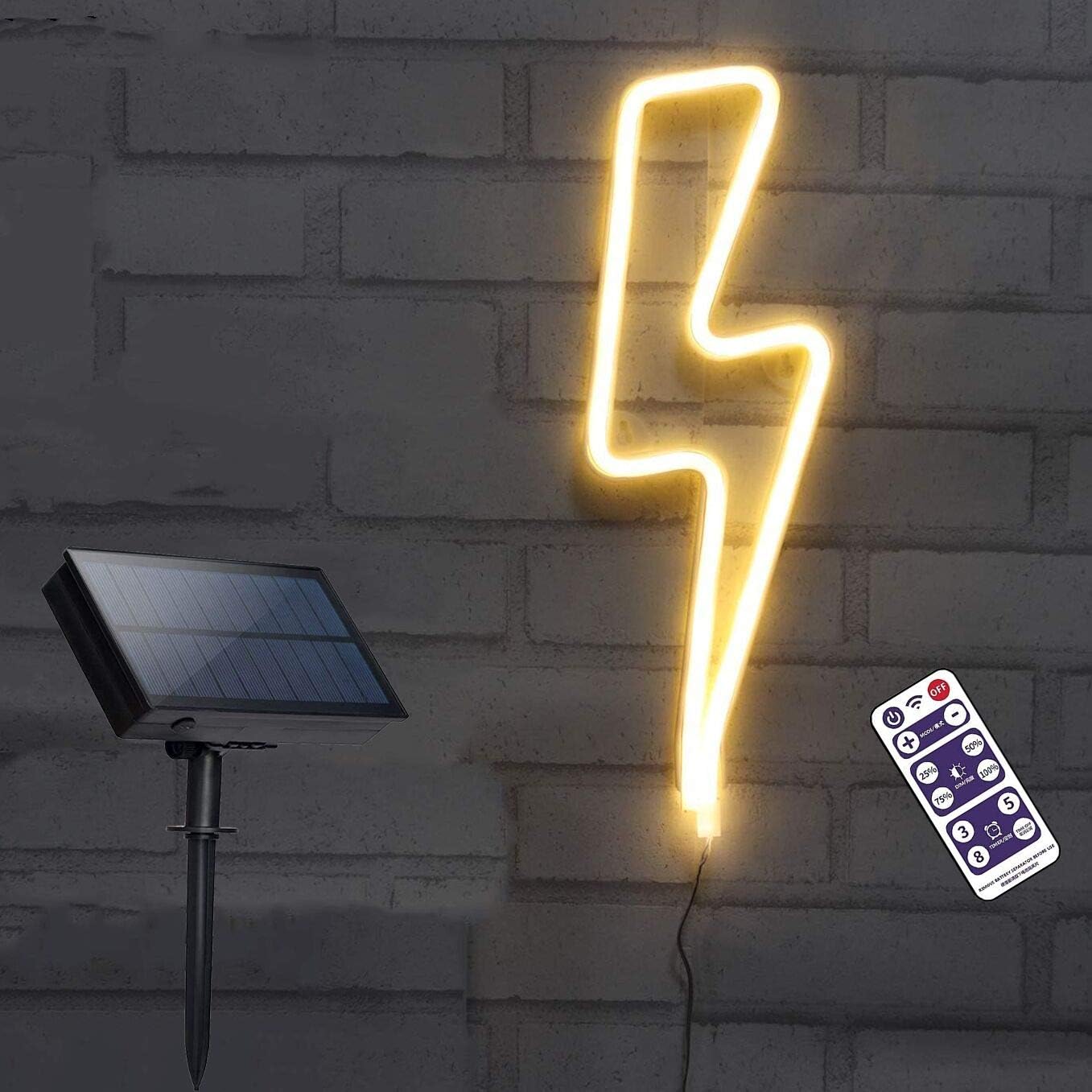 Solar Neon Light Lightning Neon Sign Solar Warning Light Sign Solar Notice Sign Lights Waterproof for Outdoor Home Garden Party Holloween Decoration(Warm White)