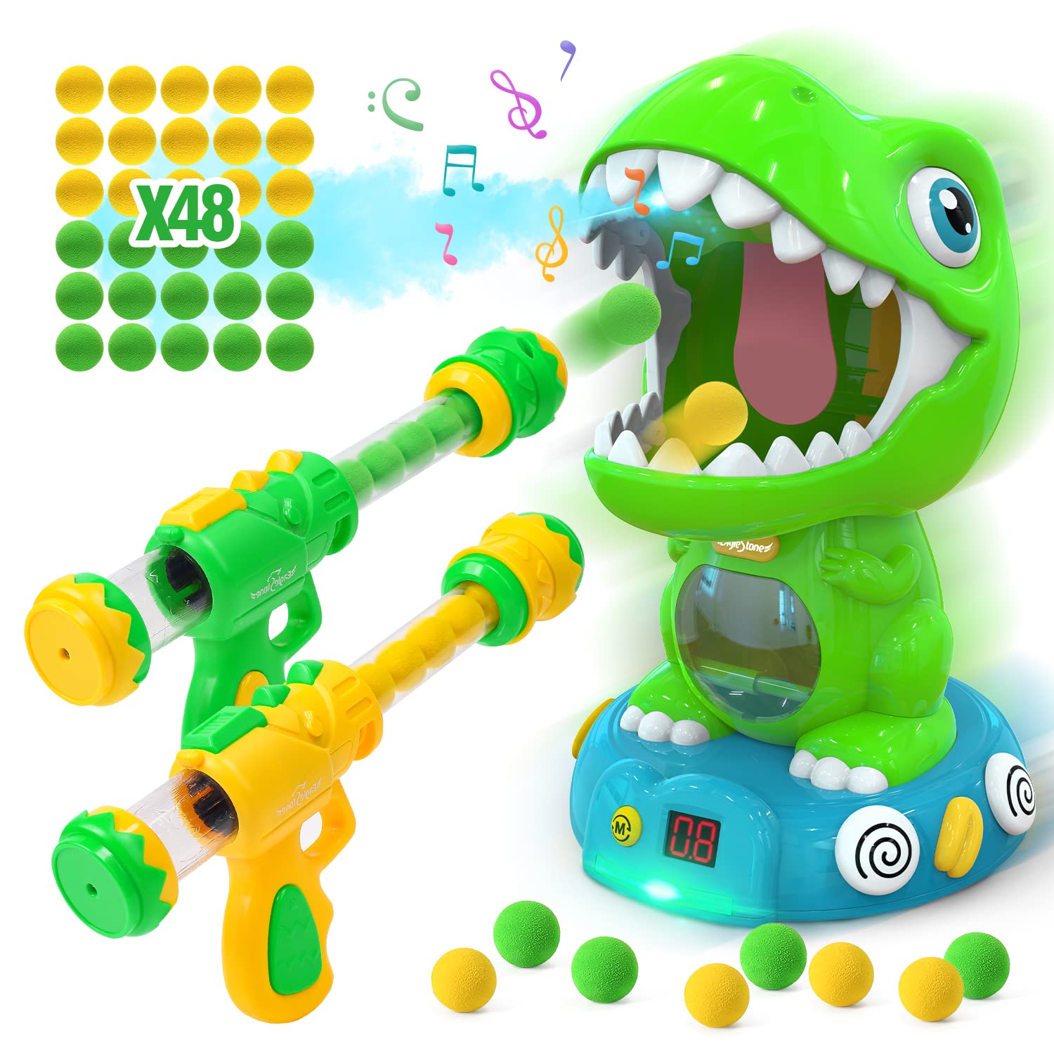 EagleStone Movable Dinosaur Shooting Toy for Kids 5-7 with Spray, Electronic Target Game, 2 Pump Guns, 48 Foam Balls, Score Record, Sound,Christmas Party Favor Gift