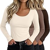Neer 3 Pack Women's Scoop Neck Long Sleeve T-Shirts Slim Fitted Underscrubs Tops Stretchy Tight Casual Basic Layer Shirts