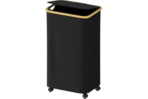 SUOCO Laundry Hamper with Wheels and Lid, 26 Gal (100L) Clothes Basket with Bamboo Handles, Large Foldable Laundry Hamper for Bedroom, Bathroom, Dorm, Laundry Room - Black