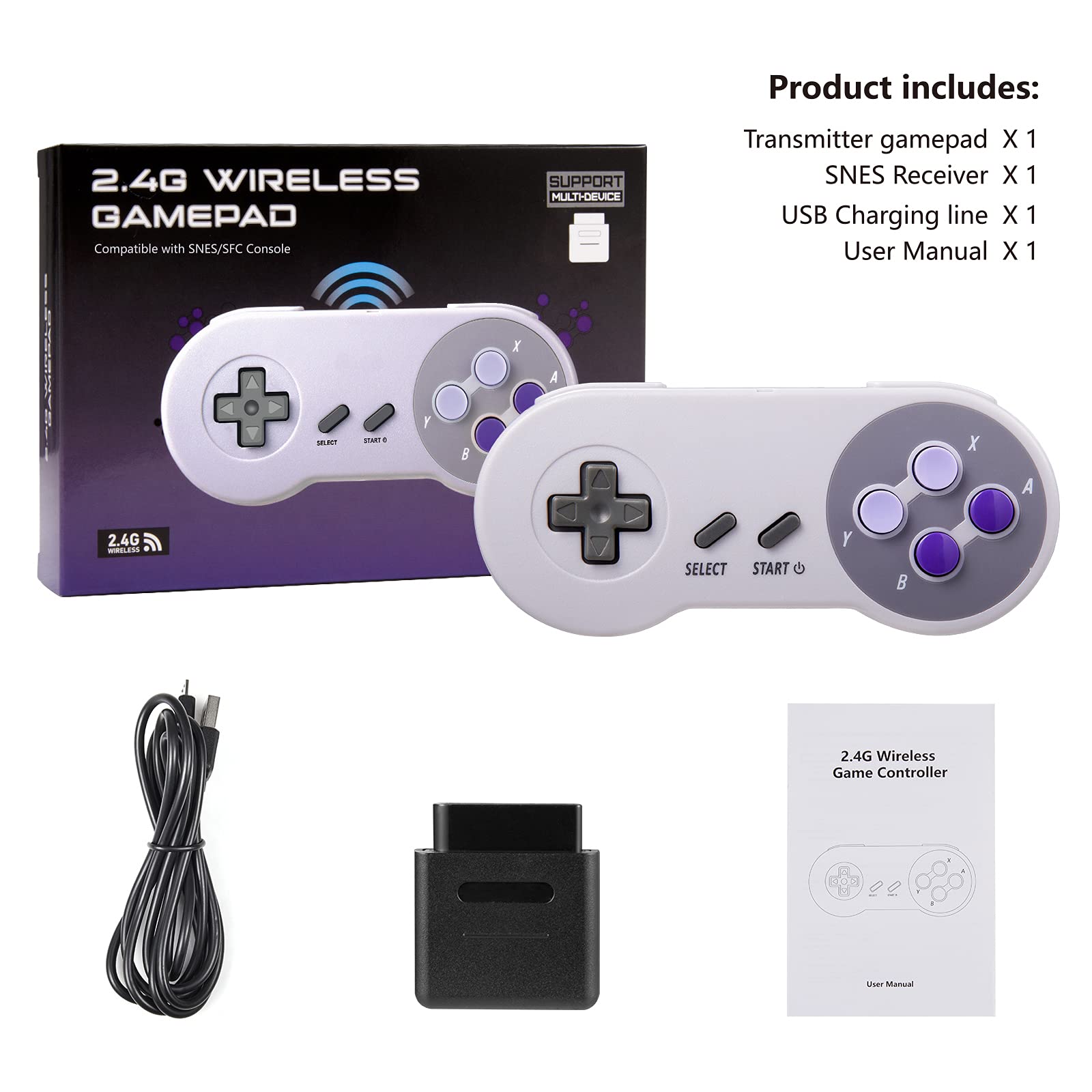 KIWITATA 2 Pack 2.4GHz Wireless Controller for SNES Original Console, Rechargeable Wireless Remote Gamepad Controller for SNES Super Entertainment System Console