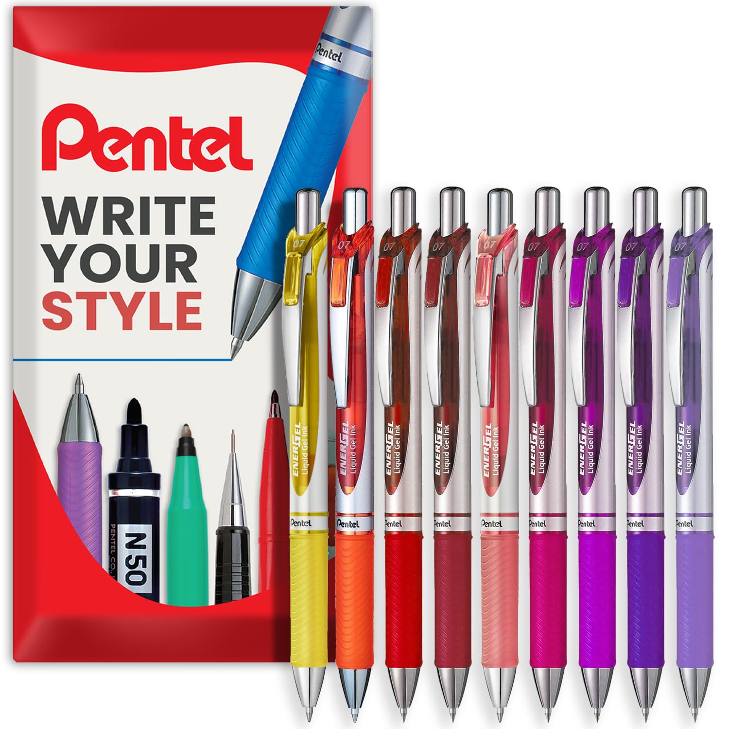 Pentel EnerGel XM BL77 - Retractable Liquid Gel Ink Pen - 0.7mm - 54% Recycled - Sunset Tones - In Envelope Gift Packaging - Pack of 9