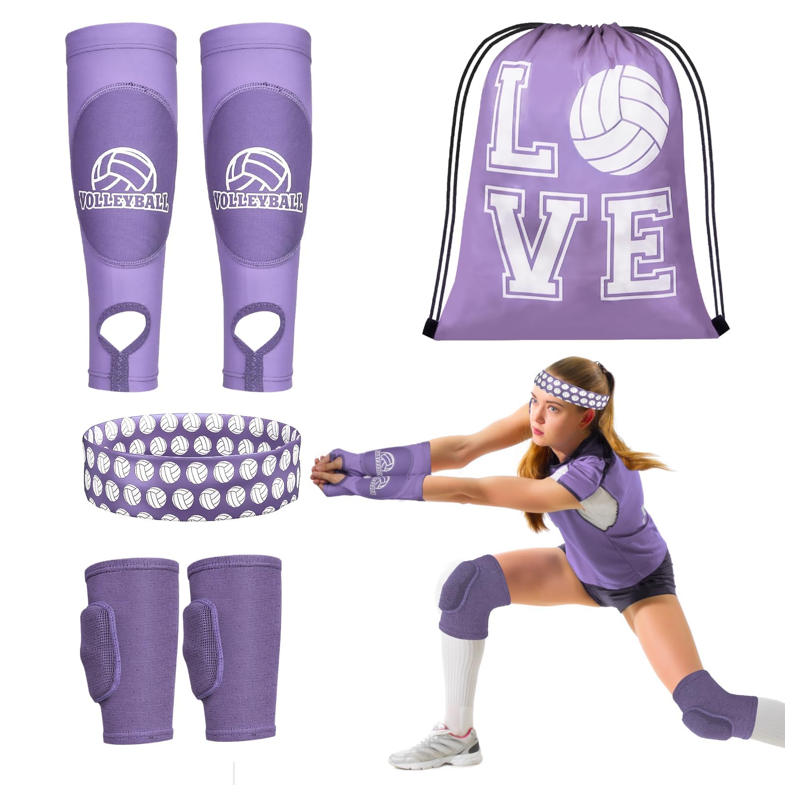 Photo 1 of Gosodeny 6 Pcs Volleyball Accessories, Include Volleyball Knee Pads Arm Sleeves Drawstring Bag Softball Headbands Volleyball Protection Equipment Gifts for Women Teens Girls Boys Training