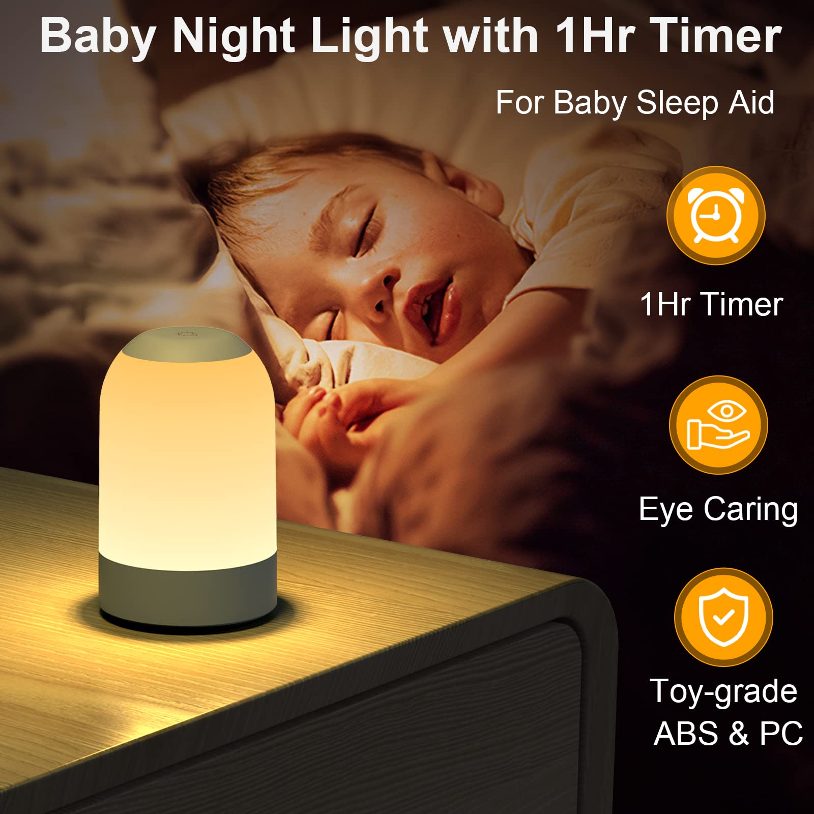 G Keni Baby Night Light, Touch Bedside Table Lamp, Timer & RGB Mode, Dimmable Small Lamp for Bedrooom, USB Rechargeable Battery Smart Night Lamp for Nightstand