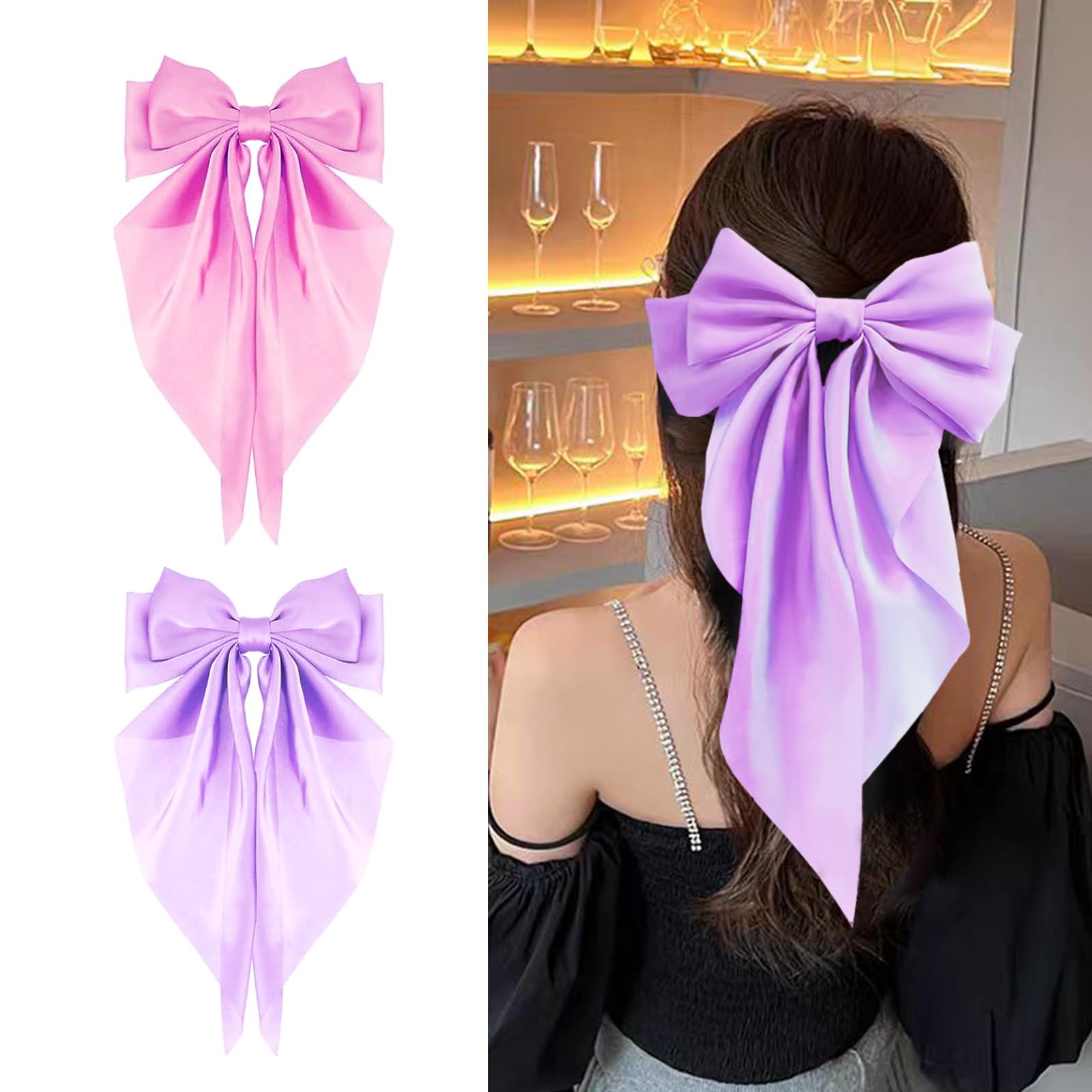 2Pcs Big Satin Hair Clips for Women & Girls - 37cm Long Tail French Bow Hair Barrettes, Soft Silky Hair Accessories for Daily Wear, Holiday, Wedding (purple)