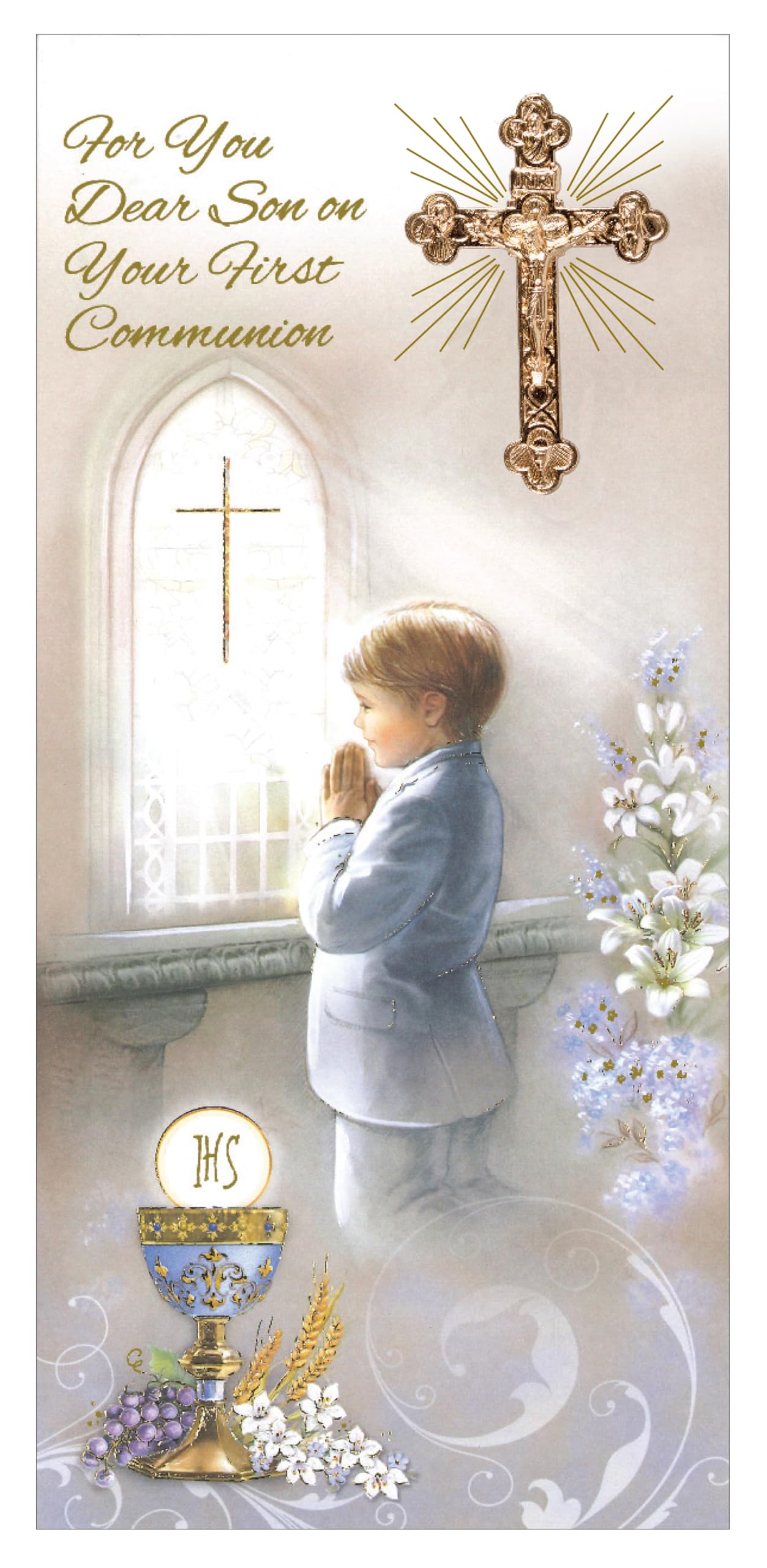 Son First Holy Communion Catholic Celebration Card for a Special Boy on his Religious Commitment Ceremony with Cross Crucifix