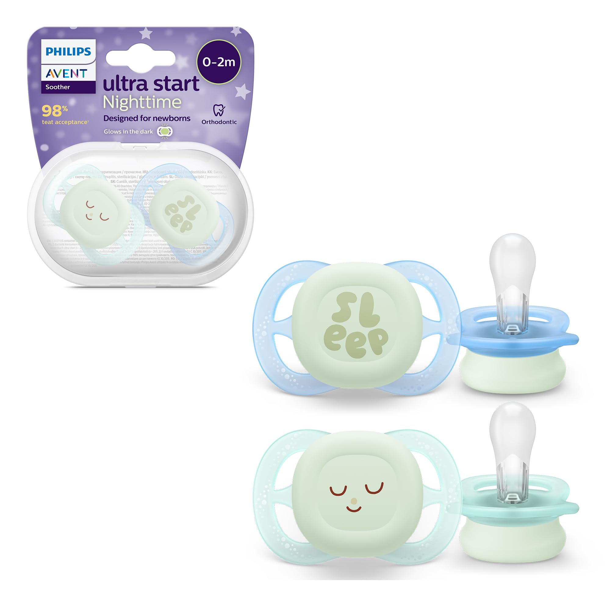 Philips Avent Ultra Start Nighttime Soothers, Orthodontic Dummies Designed for Newborns, Glow in The Dark, Silicone Symmetrical Teat, BPA Free, with Sterilising/Carrying Case, 2 Pack, Model SCF075/08