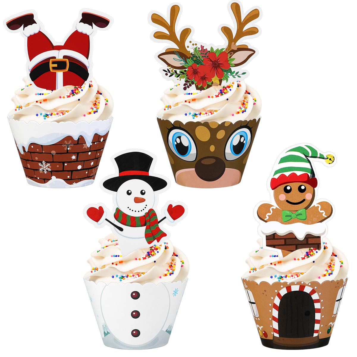 Hemoton Christmas Cupcake Toppers and Wrappers Xmas Party Supplies Favors - 36Sets/72pcs Cupcake Dessert Decoration for Christmas - Snowman/Santa Claus/Reindeer/Gingerbread Man