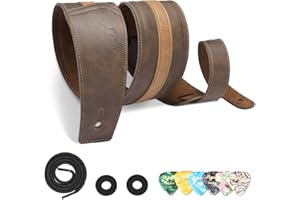 POGOLAB Leather Guitar Strap, 3 inch Wide Comfortable Foam Cushion Padded Bass Strap, Adjustable Length from 51" to 57", with Strap Locks & Picks, for Bass/Electric/Acoustic Guitar (Brown)