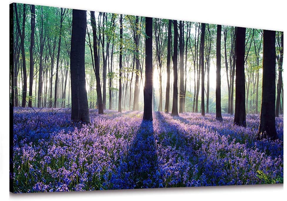 Photo 1 of Canvas Wall Art Sunshine in Forests with Lavender Flower Painting Print Extra Large Long Canvas Artwork Contemporary Nature Picture for Living Room Office