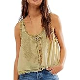 Yimoon Women Lace Trim Tank Tops Front Tie Button Front Crop Vest Y2K Going Out Tops Cute Summer Cami Sleeveless Shirt
