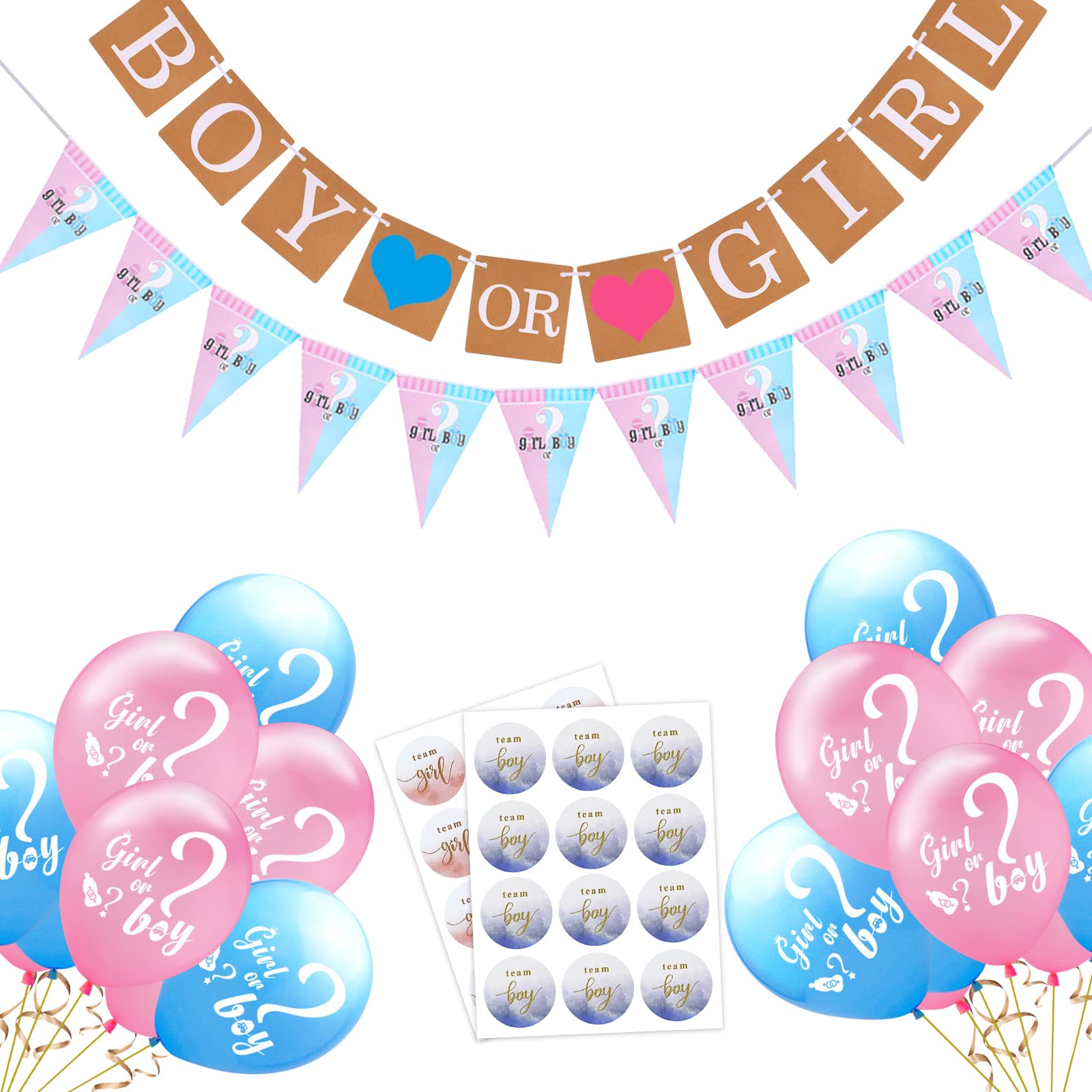 AOT Gender Reveal Party decoration, Boy or Girl Banner with 12 Pcs Balloons and 24 Pcs Gender Reveal Stickers, Baby Shower Party Supplies for Pregnancy Announcement