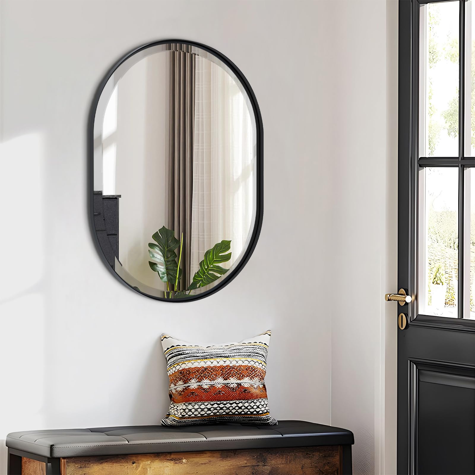 POZINO Black Oval Mirror, Beveled Scalloped Mirror, 22