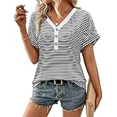 JUSTFASHIONNOW Womens Striped Henley T Shirts Short Sleeve V Neck Summer Tops 2026 Button Front Dressy Casual Blouses
