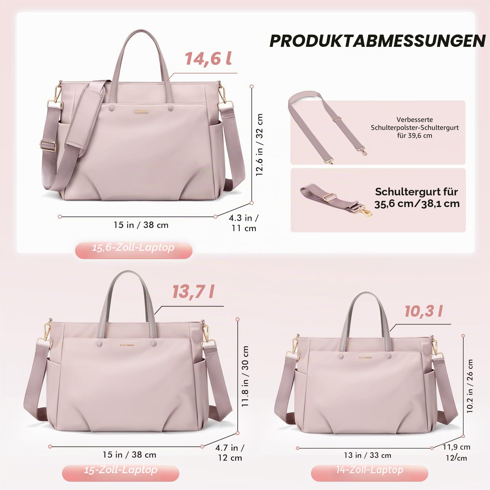 GOLF SUPAGS 15 Zoll Laptop Umhängetasche, Computer Tragetasche für Damen, Stilvolle Handtasche für Arbeit und Reisen (Rosa Grau) 3
