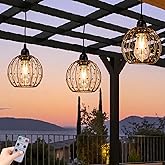TWINKVILLA Hanging Pendant Lights, Battery Operated Outdoor Chandelier with Warm White LED Bulb for Patio Tree Pergola Gazebo