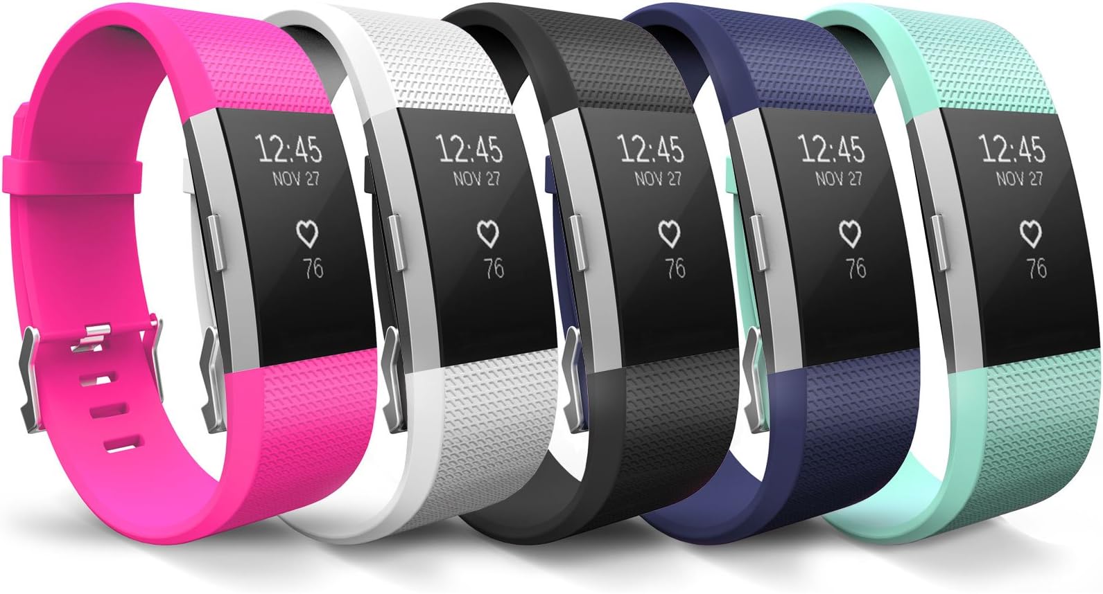 Yousave Accessories Compatible Fitbit Charge 2 Strap Multipack - Replacement Silicone Sport Watch Bands for the Fitbit Charge 2 - Five Pack - Hot Pink/White/Black/Dark Blue/Mint Green