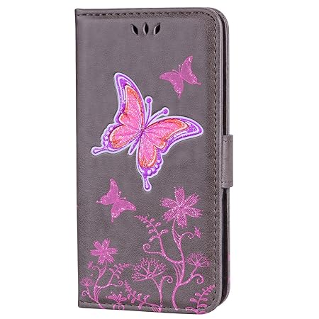 Chreey iPhone 6 6S Hülle, Rosa Glitzer Schmetterling Blumen Muster Flip Design Premium PU Leder Klapphülle mit Kartenfach Sch