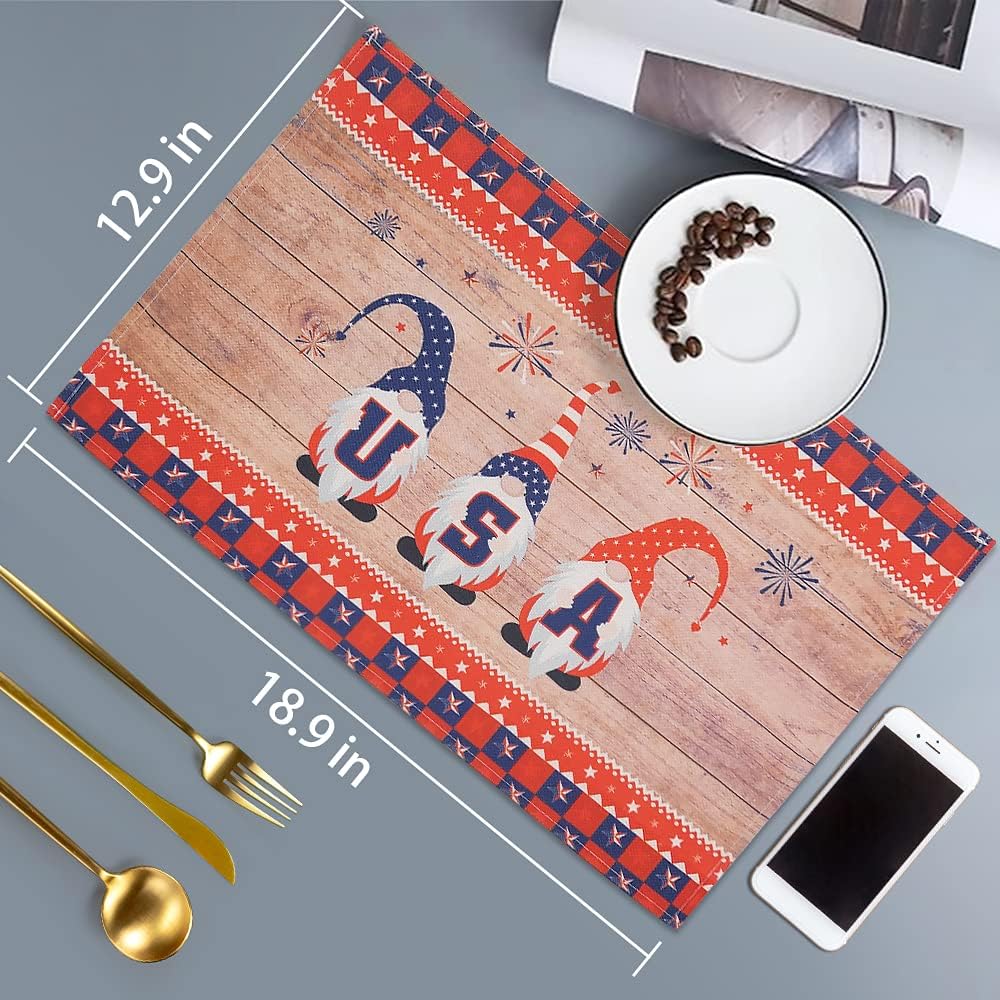 4th of July Cotton Linen Placemats for Dining Table, Washable Heat Resistant Star Patriotic Gnome Table Mats Set of 4, Red Blue White Decorations for Home Kitchen Indoor Independence Day by WEHVKEI: Kitchen & Dining