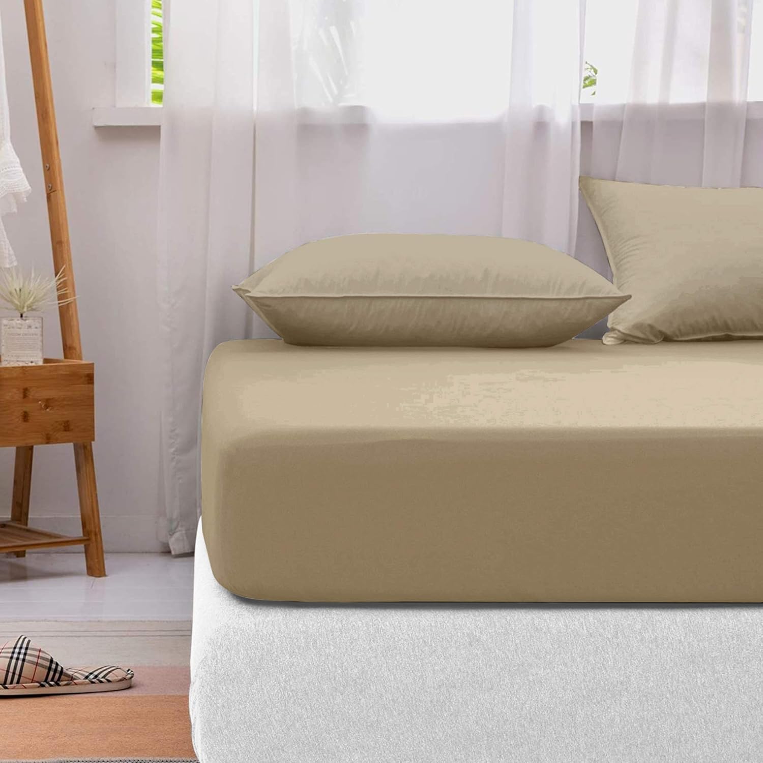Lavish Touch Queen Size Fitted Sheet - Cotton Rich 1250TC Tri-Blend with Solid Sateen Weave - 16 Inch Deep Pocket, Easy Fits - 1 Fitted Sheet Only (Queen, Taupe): Kitchen & Dining