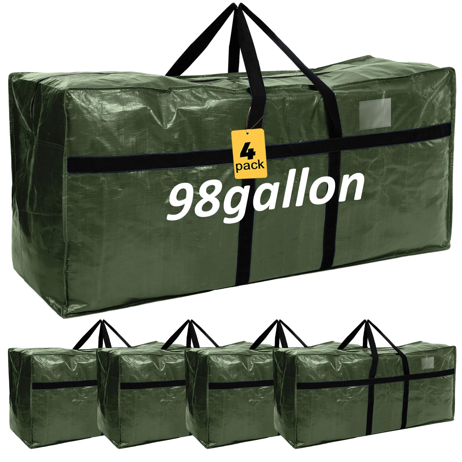 Photo 1 of Windyun 4 Pack 98 Gallon Extra Large Moving Bags XXL Heavy Duty Storage Bag with Strong Zipper Handle Jumbo Big Tote Box Foldable for College Dorm Travel Clothes Duffle Blanket Pillow(Army Green)