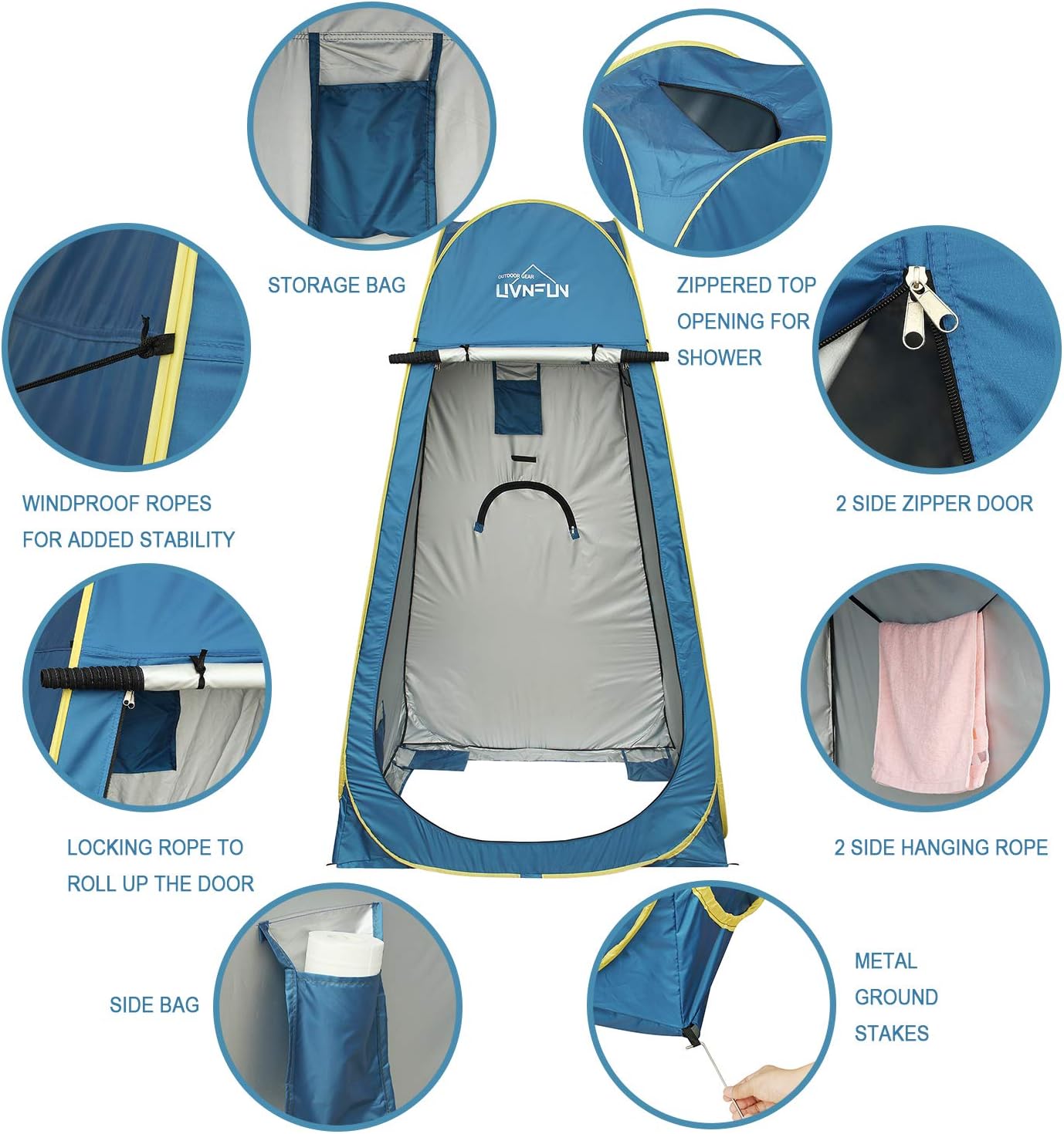 6.9 FT Pop Up Camping Shower Tent, Portable Changing Room Privacy Shelter Tent for Outdoor Camping Toilet with Carrying Bag, Extra Tall - Blue: Sports & Outdoors