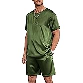 Ekouaer Men Silk Pajamas Set 2 Piece Pjs Soft Satin Sleepwear Shorts Button Down Tops Loungewear with Pockets