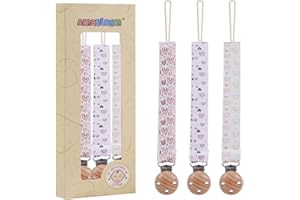 AMAZINGM Baby Cotton Pacifier Clip Holder for Baby Boys and Girls,Wood Clip Paci Leash,Binky Clips,Newborn Essentials,Pack of 3 Gift Set. (Rainbow)