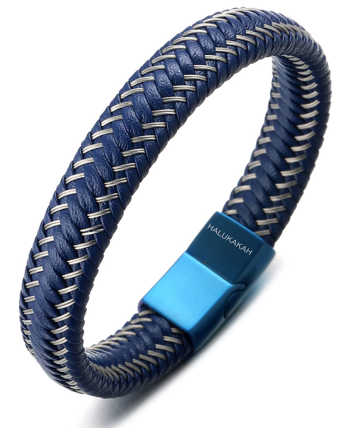 HALUKAKAH Plus ● Jazz ● Men's Genuine Leather Bracelet Titanium Magnetic Clasp Size Adjustable 8.5"(21.5cm) with Free Giftbox (Sail Blue 21.5cm)