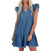 POTILI Denim Dress for Women Short Sleeve Jean Dress V Neck Drawstring Casual Mini Dresses with Pockets