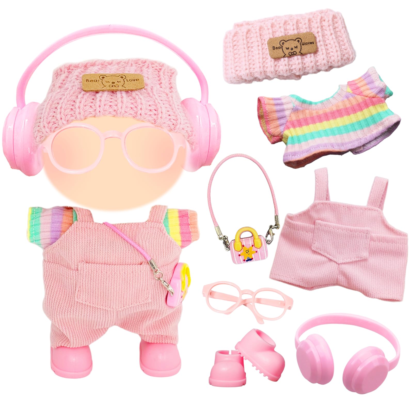 7 Pcs Doll Clothes for 17cm Plush Dolls, Cute Doll Clothes Accessories Include Jumpsuit Rainbow Top Hat Glasses Headphones Bag Shoes Doll Outfit Accessories Set for Best Gifts Birthday Holiday Present