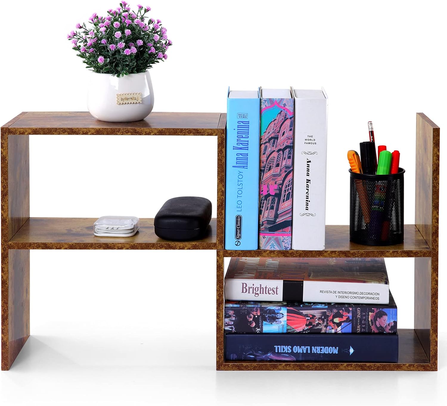 MASTLU Adjustable Wooden Desktop Bookshelf Desktop Organizer Display Shelf -Easy Installation Double 9 Style Free Style Rotation Display Office Decor Bookshelf
