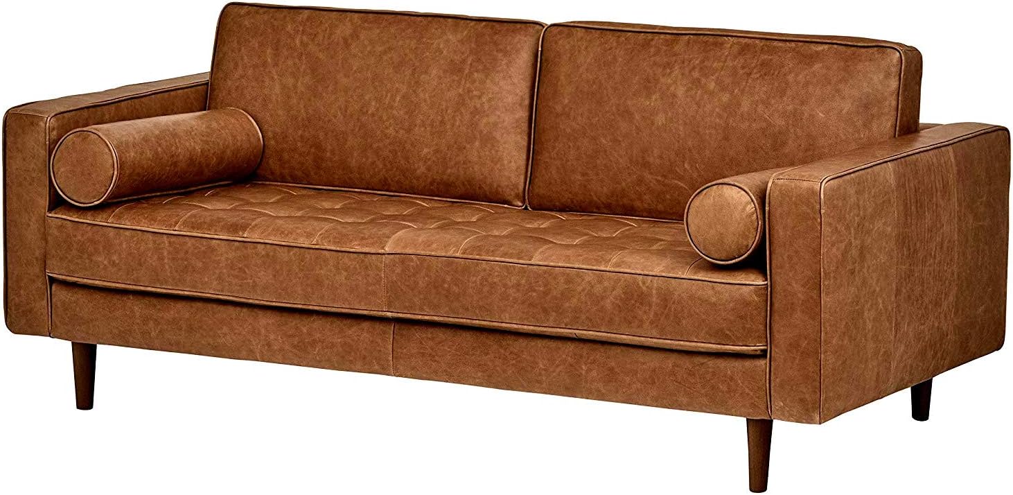Amazon Com Brown Leather Sofa Couch For 2 Padded Cushions Back
