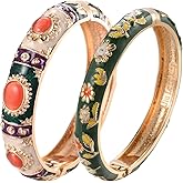 UJOY Vintage Cloisonne Jewelry Bracelet Plated Handmade Bead Rhinestones Enamel Spring Cuff Bangles 2 Pcs Set for Womens Gift 7735